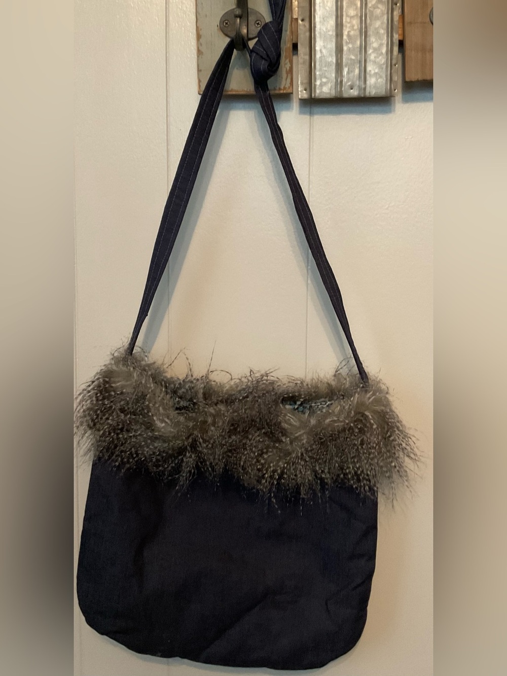 Faux-Fur Trim Navy Denim Tote Bag